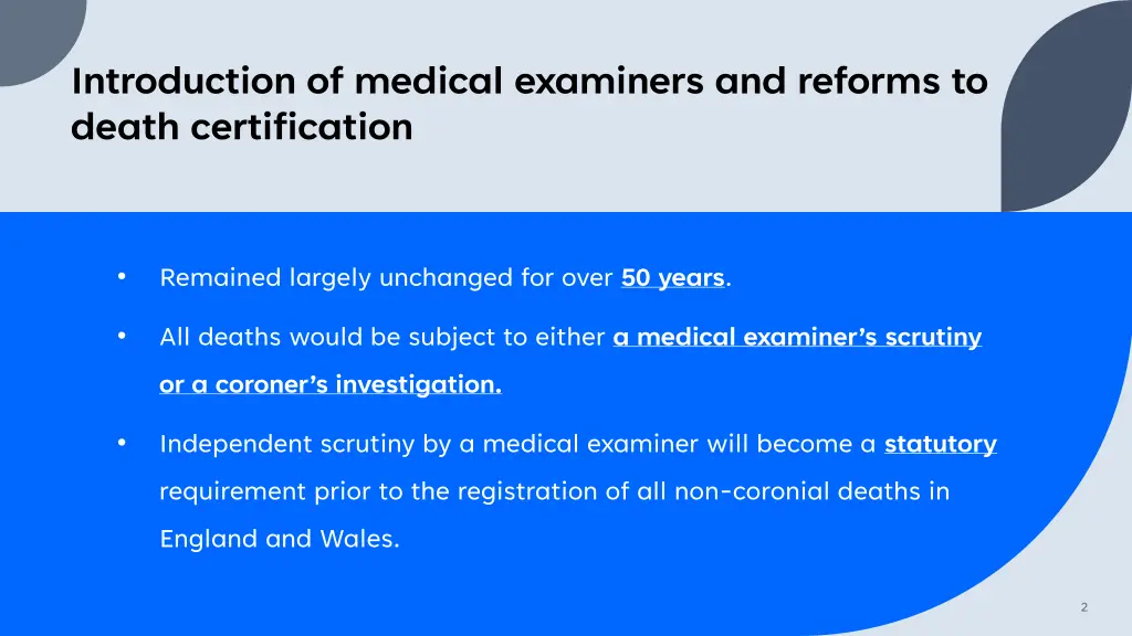 introduction of medical examiners and reforms