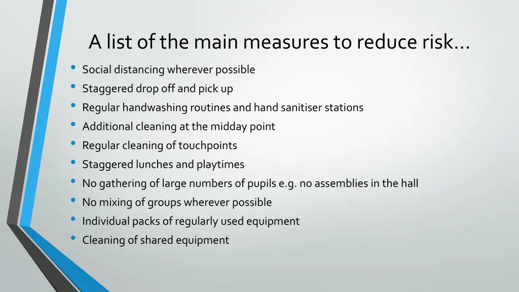 a list of the main measures to reduce risk social