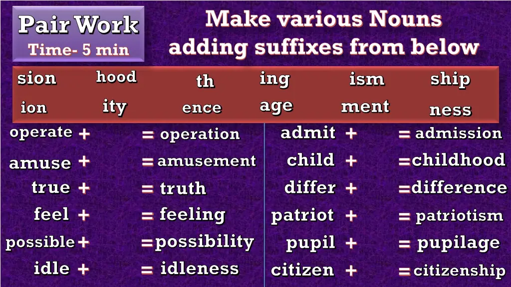 make various nouns adding suffixes from below