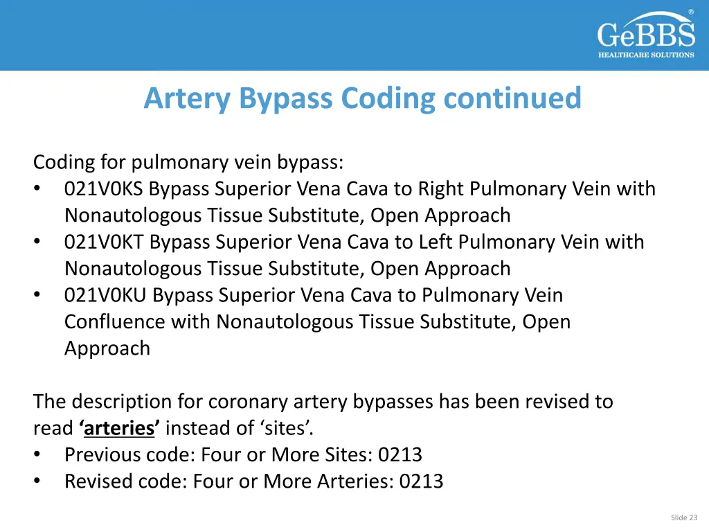 artery bypass coding continued