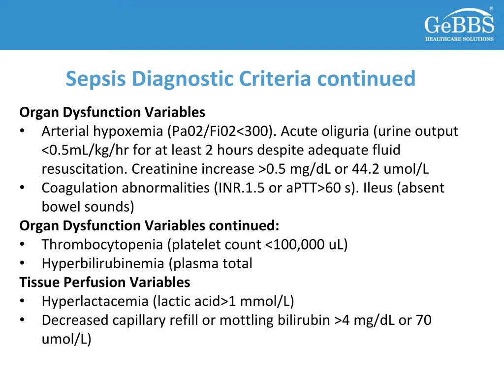 sepsis diagnostic criteria continued