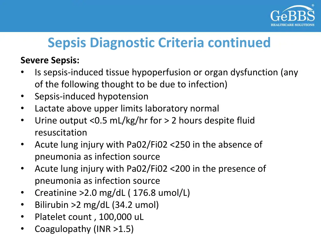 sepsis diagnostic criteria continued severe