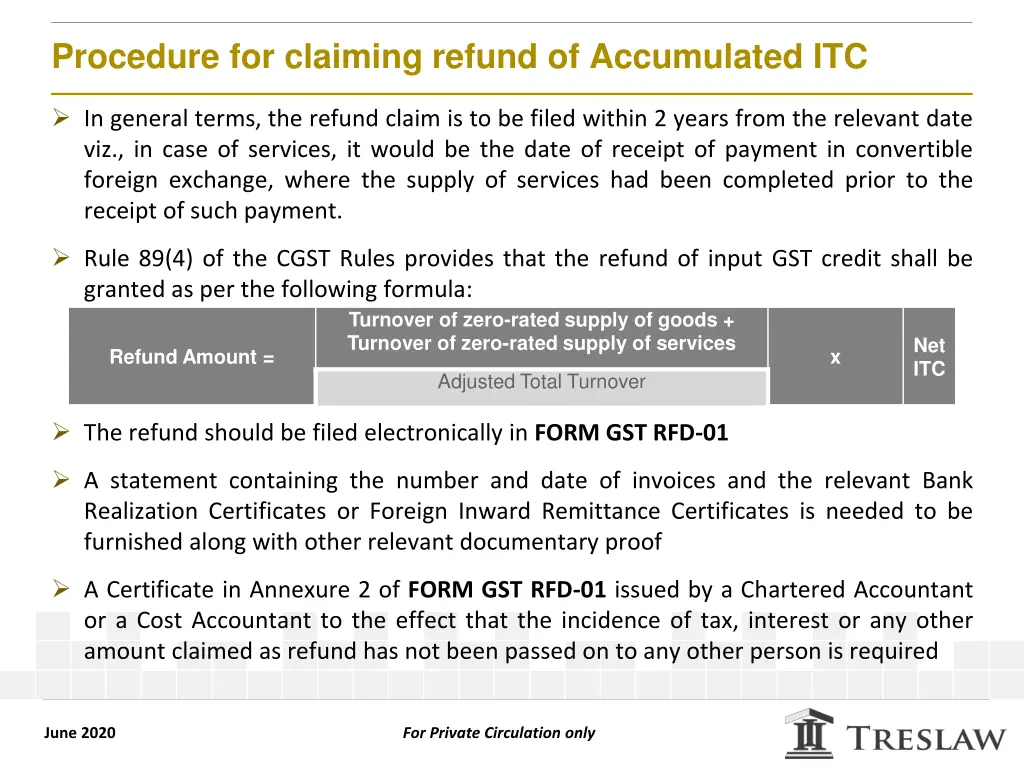 procedure for claiming refund of accumulated itc