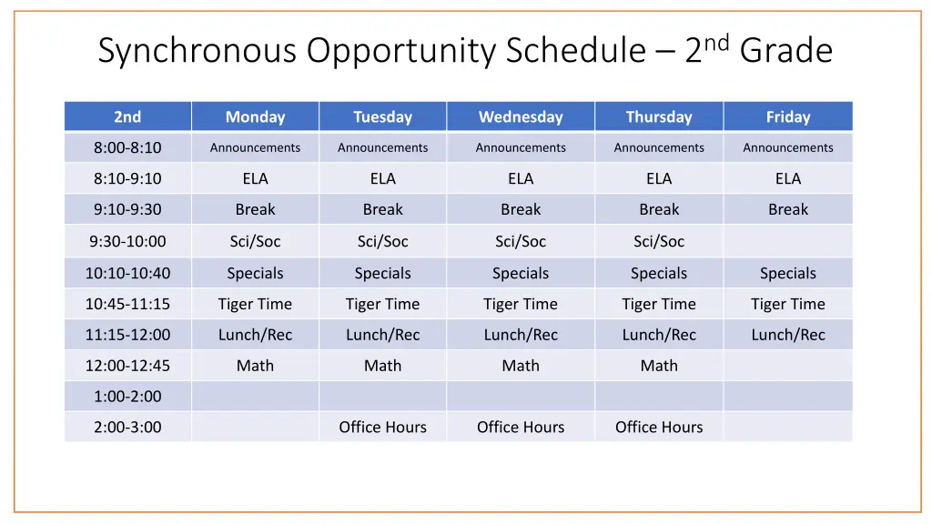 synchronous opportunity schedule 2 nd grade