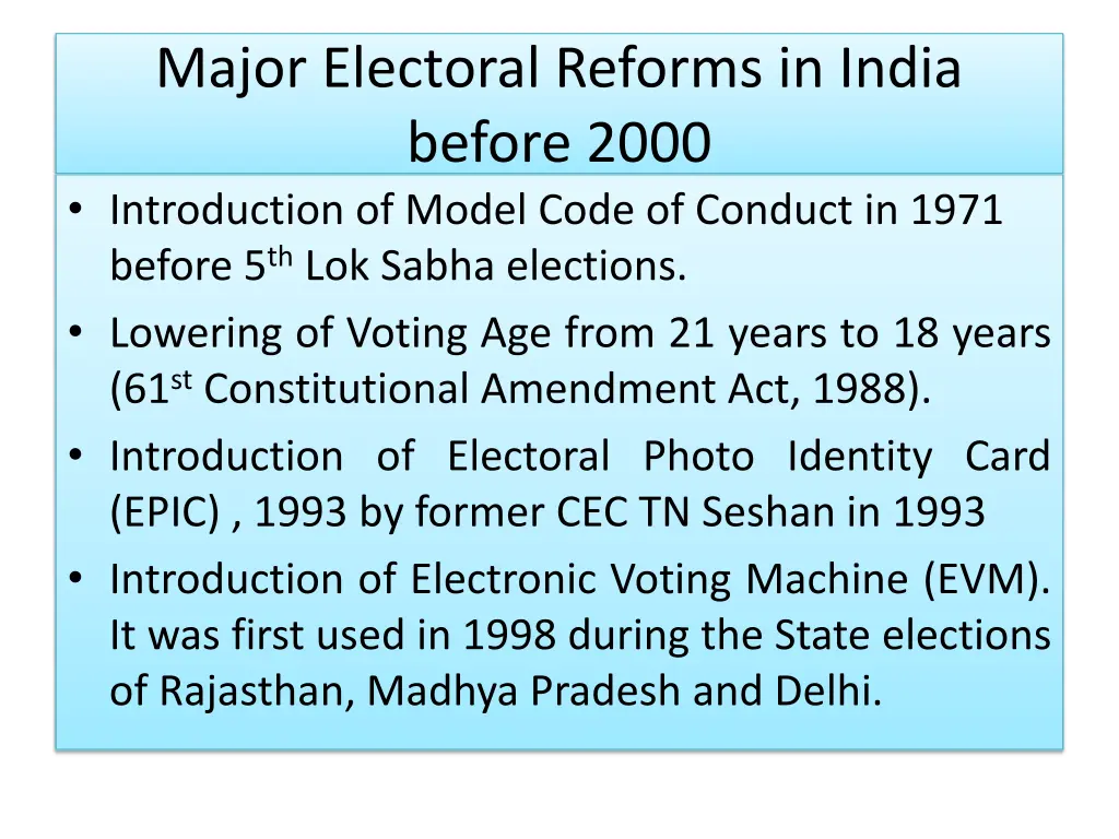 major electoral reforms in india before 2000