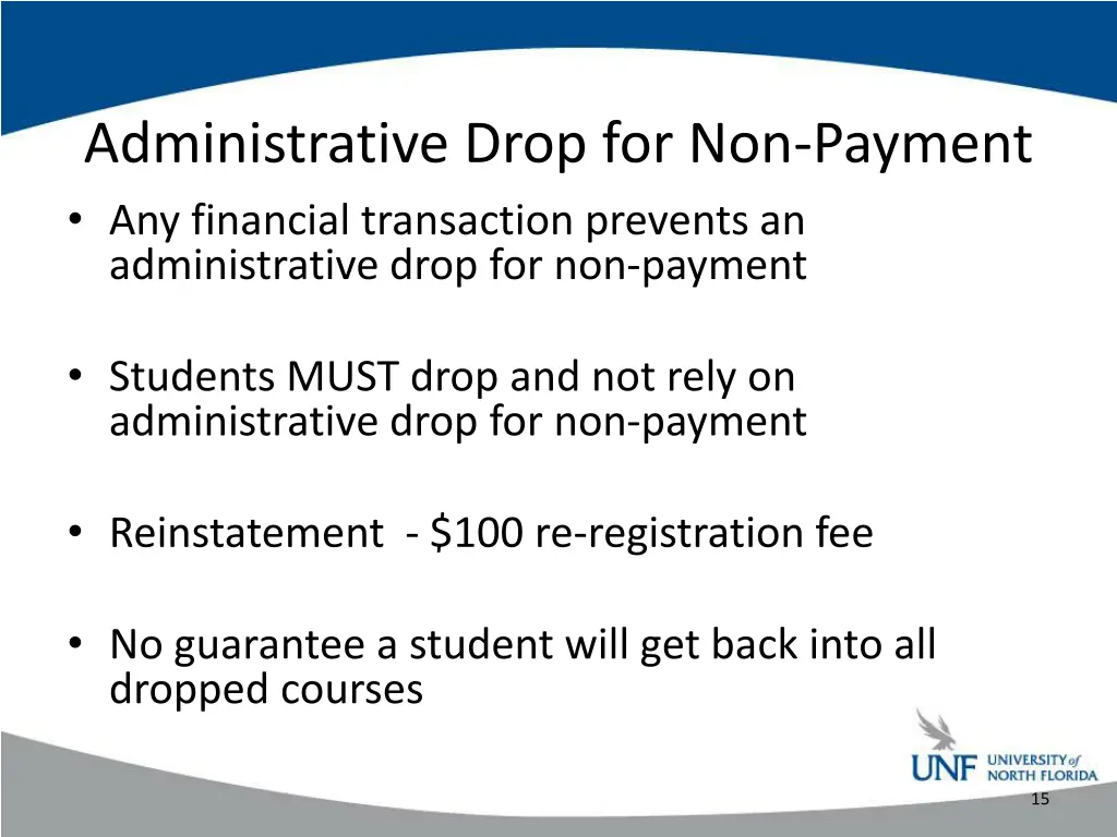 administrative drop for non payment any financial