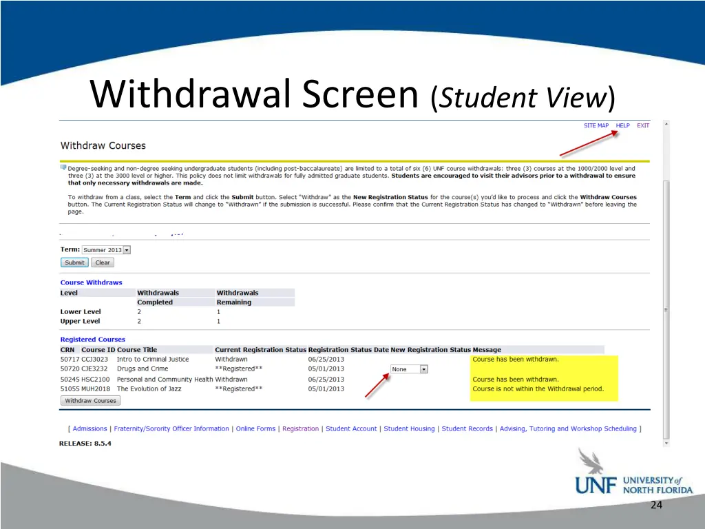 withdrawal screen student view