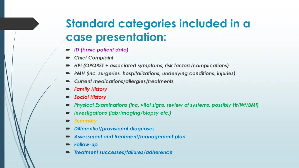 standard categories included in a case