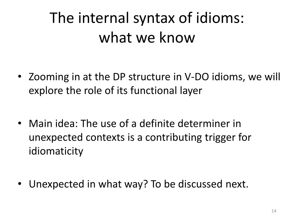 the internal syntax of idioms what we know 1