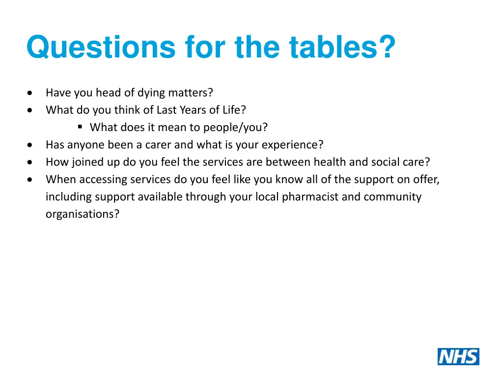 questions for the tables