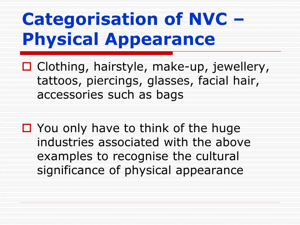 categorisation of nvc physical appearance