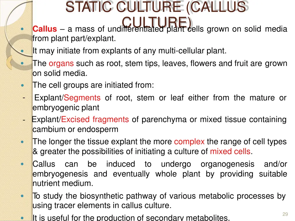 static culture callus culture callus a mass