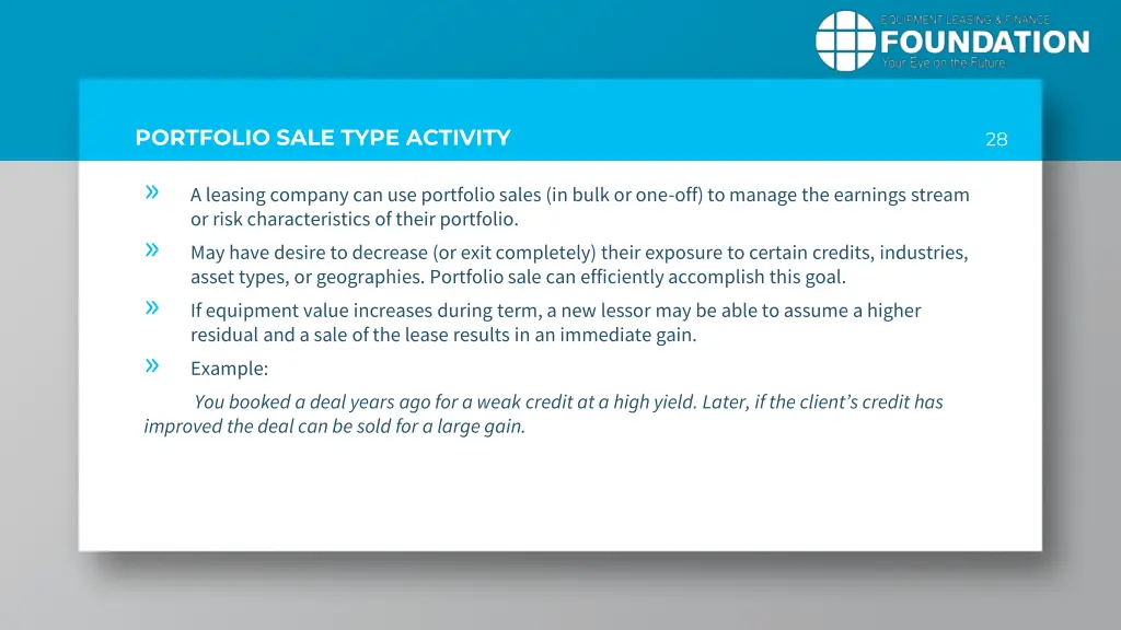 portfolio sale type activity a leasing company