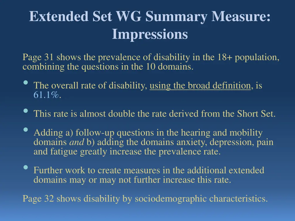 extended set wg summary measure impressions