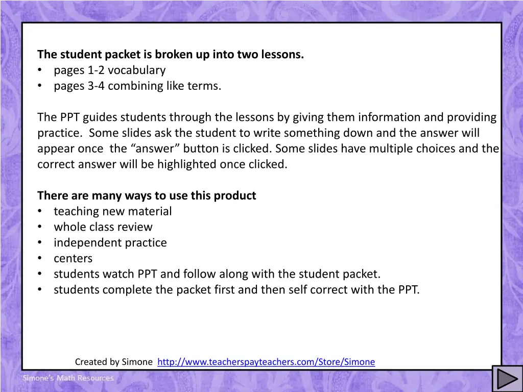 the student packet is broken up into two lessons