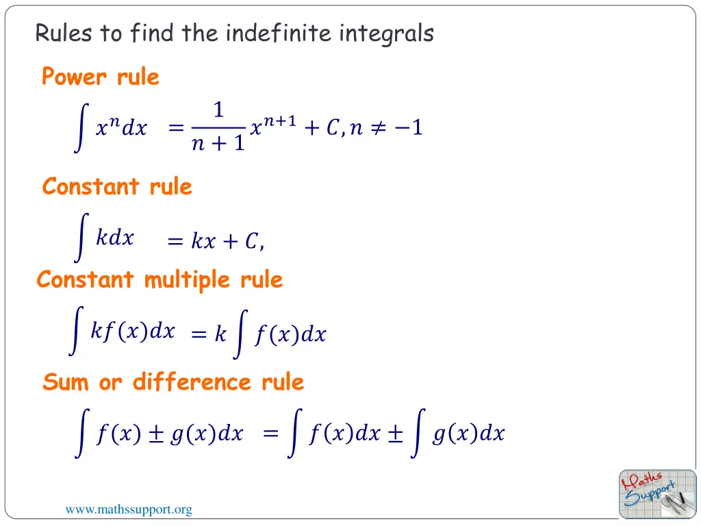 rules to find the indefinite integrals power rule