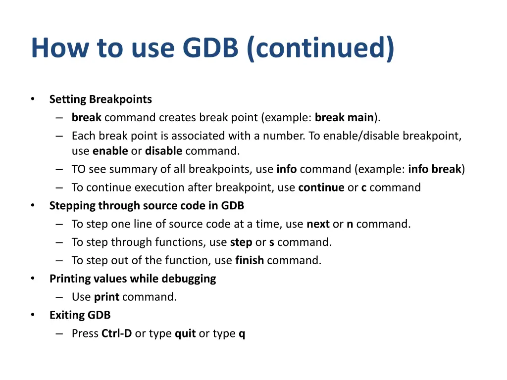 how to use gdb continued