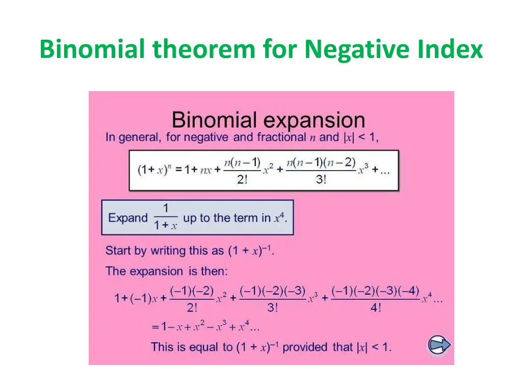 binomial theorem for negative index