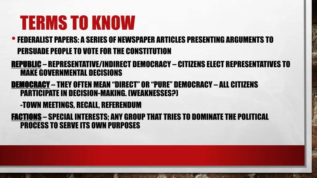 terms to know federalist papers a series