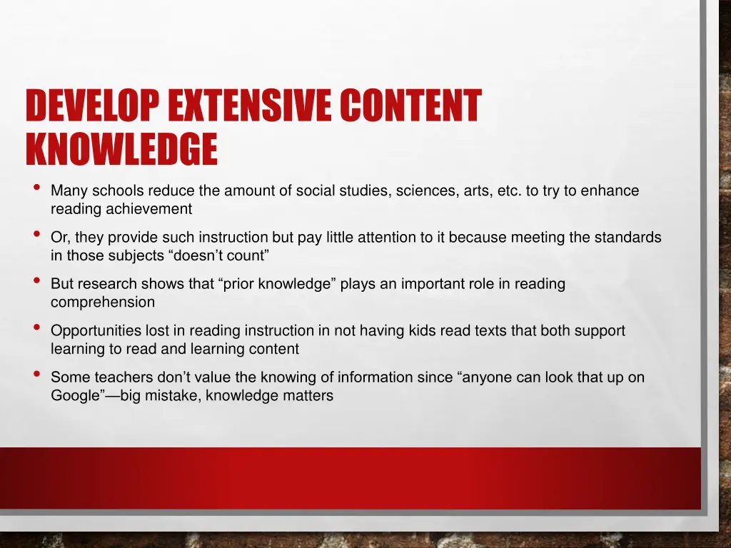 develop extensive content knowledge many schools