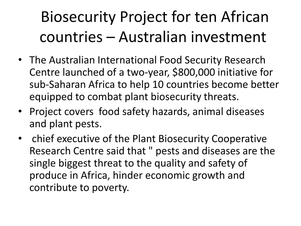 biosecurity project for ten african countries