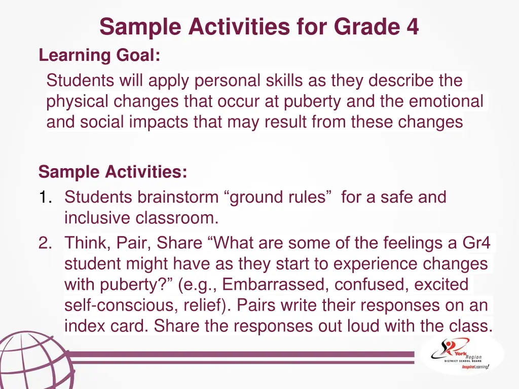 sample activities for grade 4 learning goal