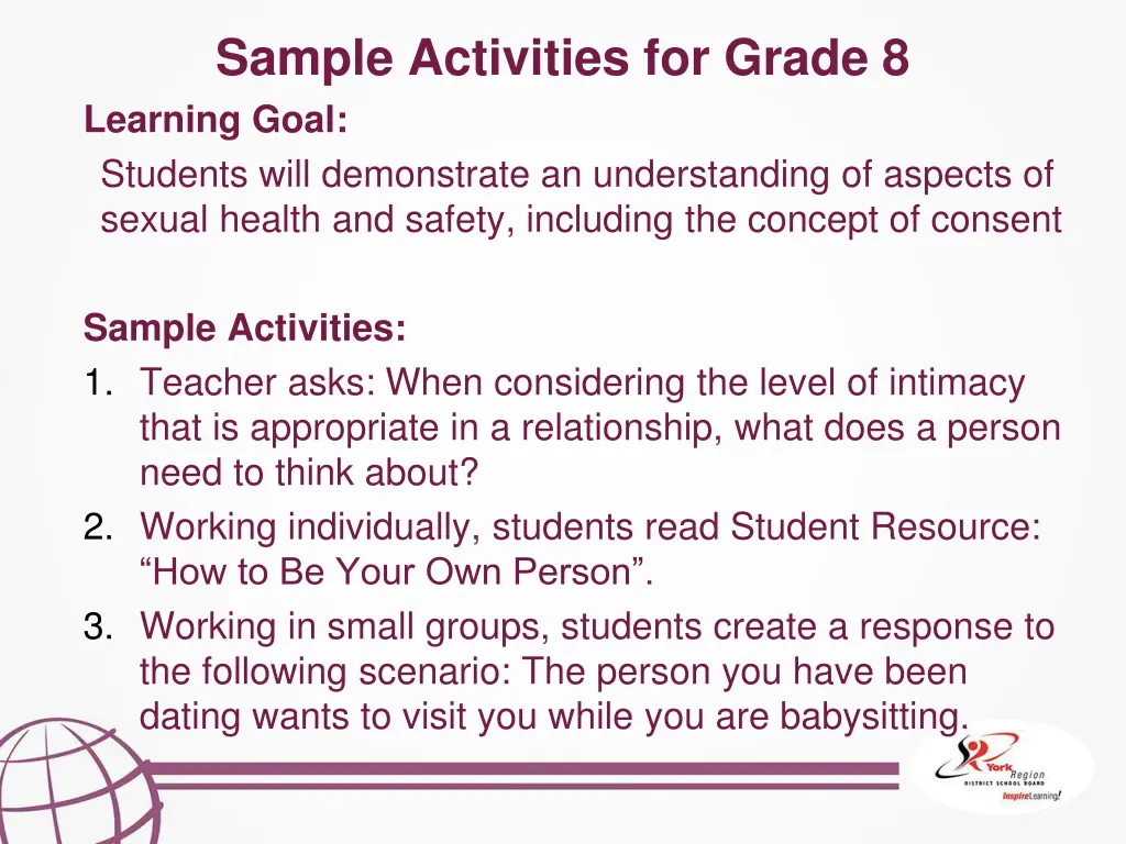 sample activities for grade 8 learning goal