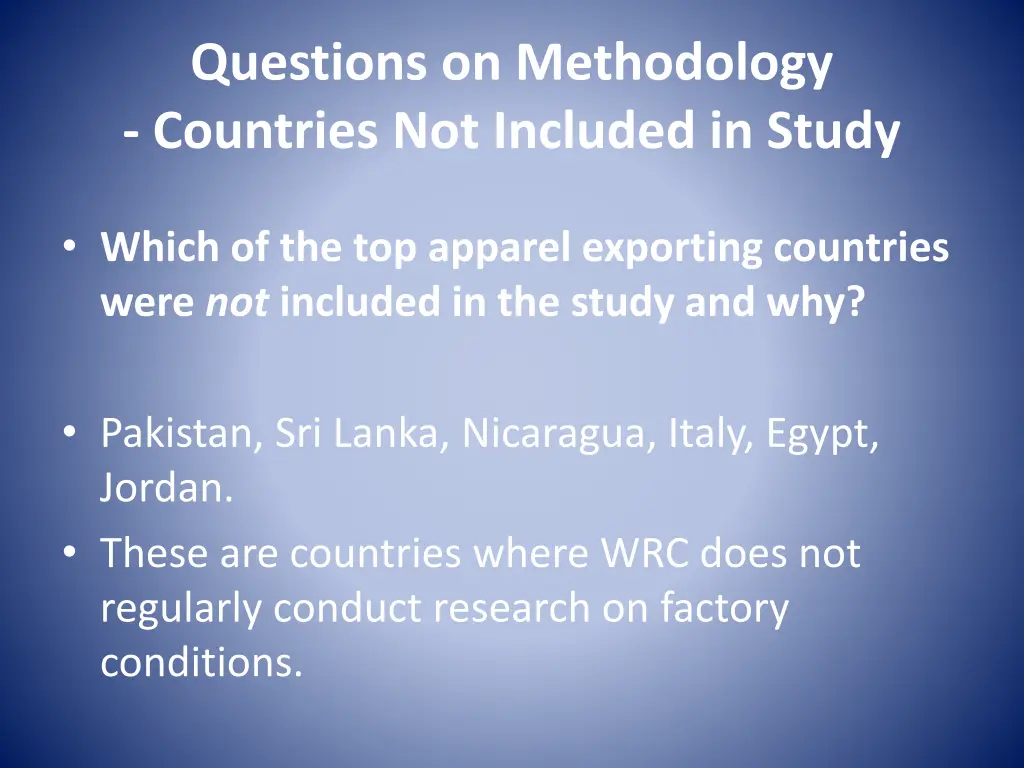 questions on methodology countries not included