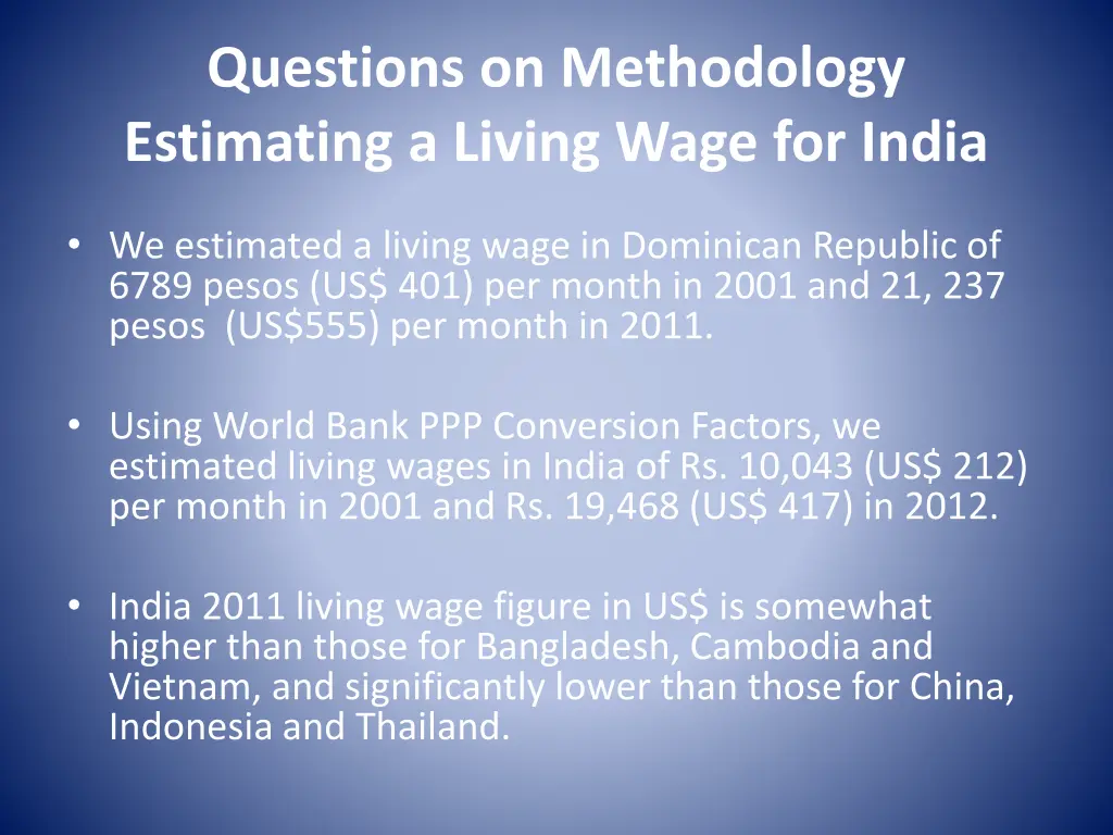 questions on methodology estimating a living wage 1