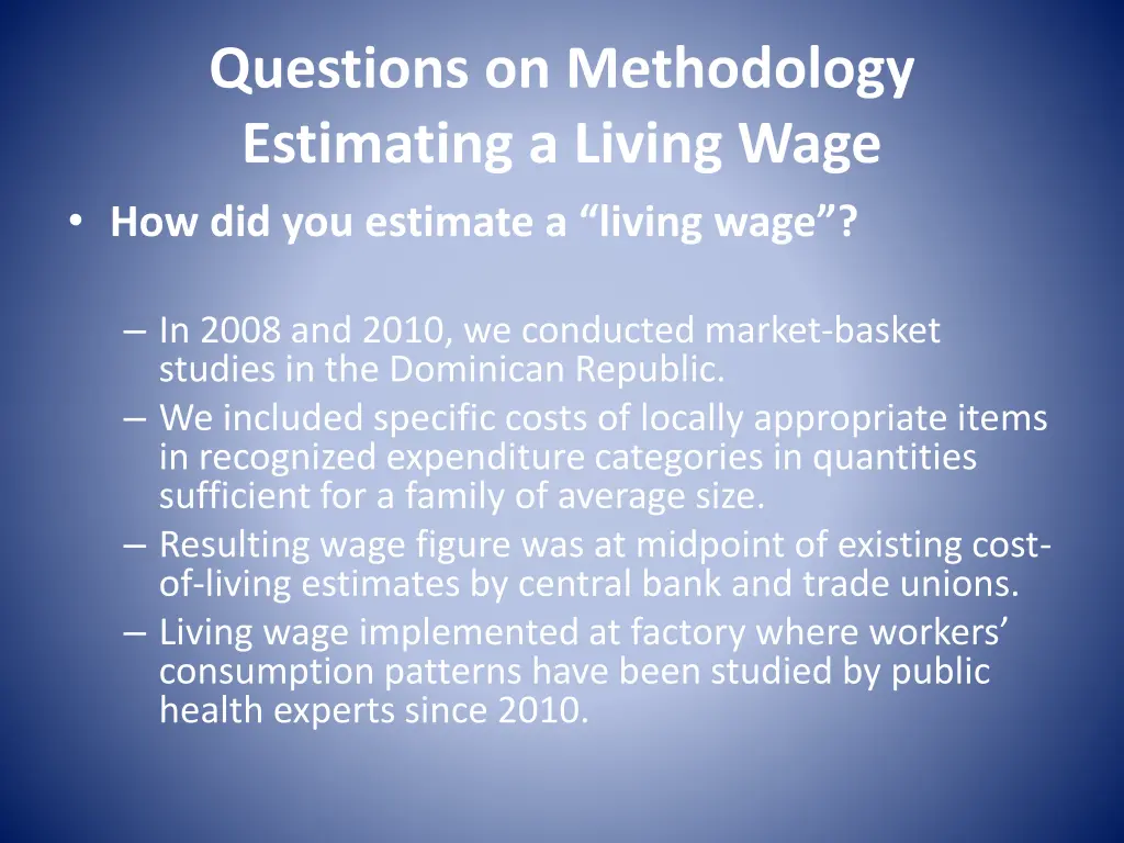 questions on methodology estimating a living wage