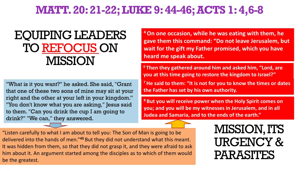 matt 20 21 22 luke 9 44 46 acts 1 4 6 8