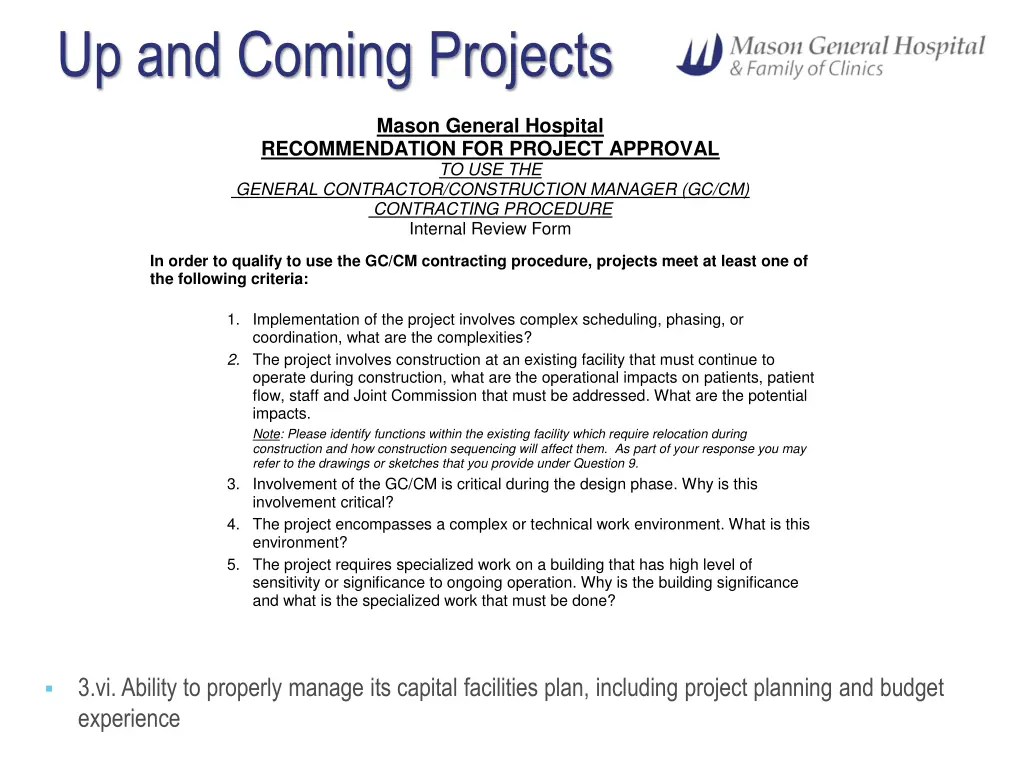 mason general hospital recommendation for project