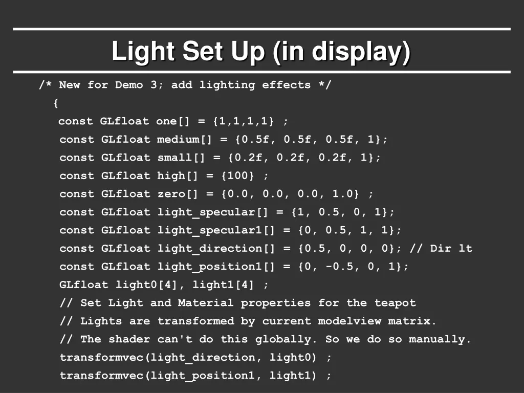 light set up in display