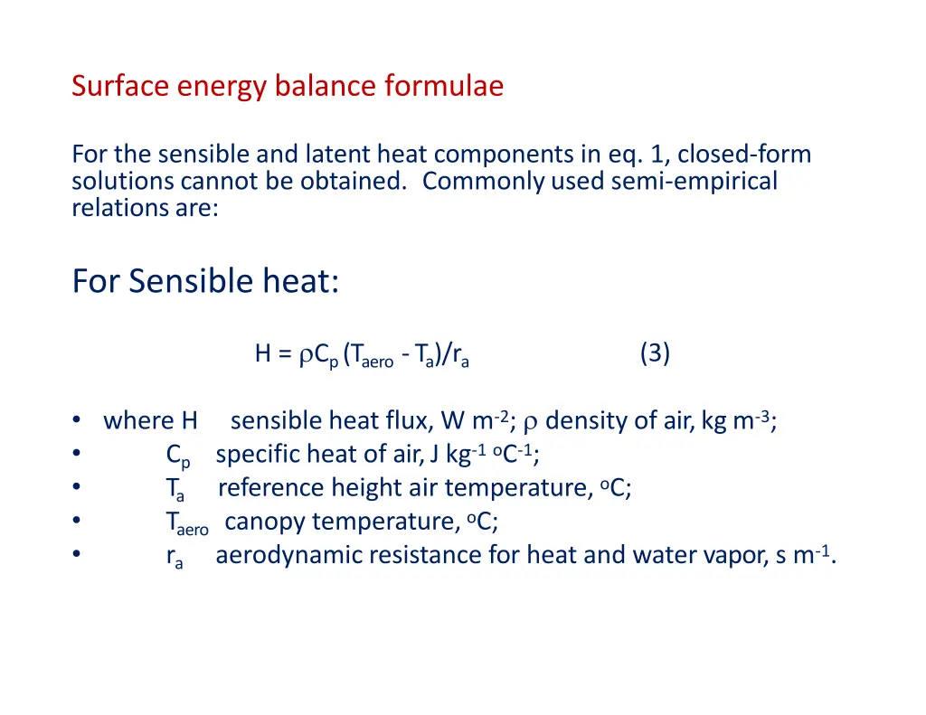 surface energy balance formulae