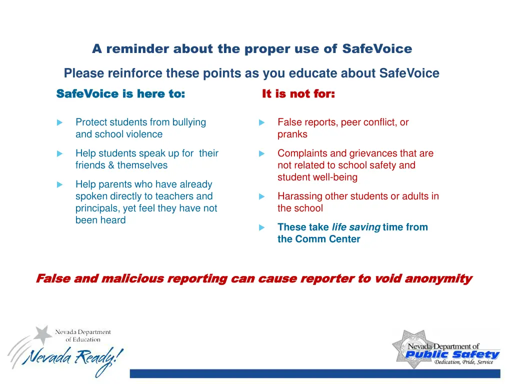 a reminder about the proper use of safevoice