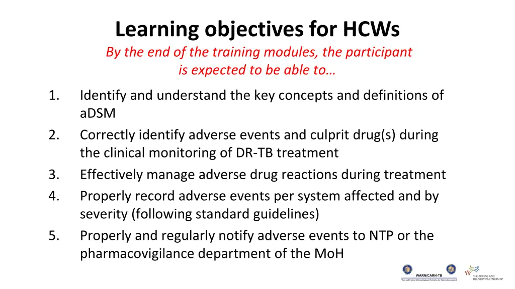 learning objectives for hcws