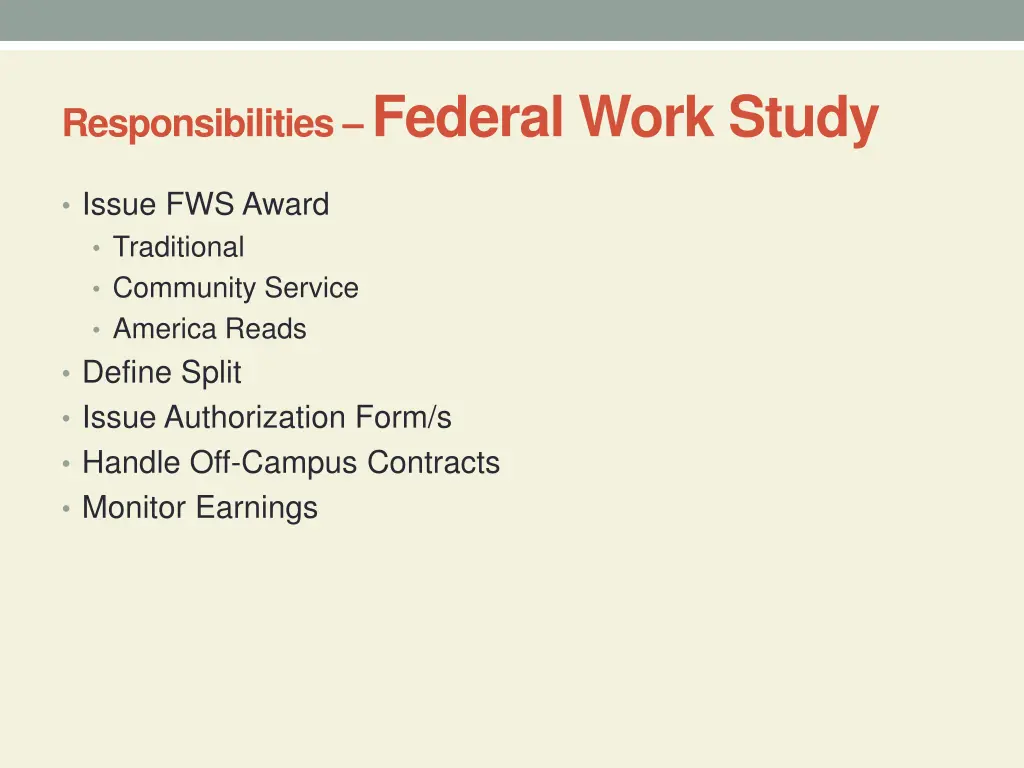 responsibilities federal work study