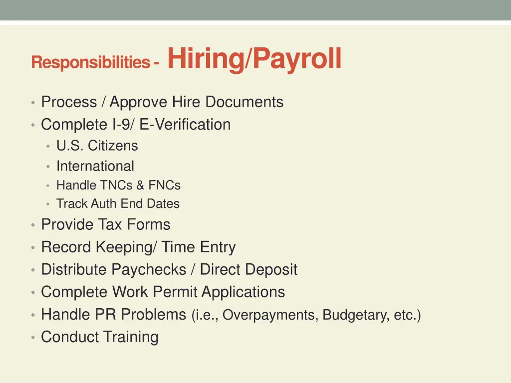 responsibilities hiring payroll