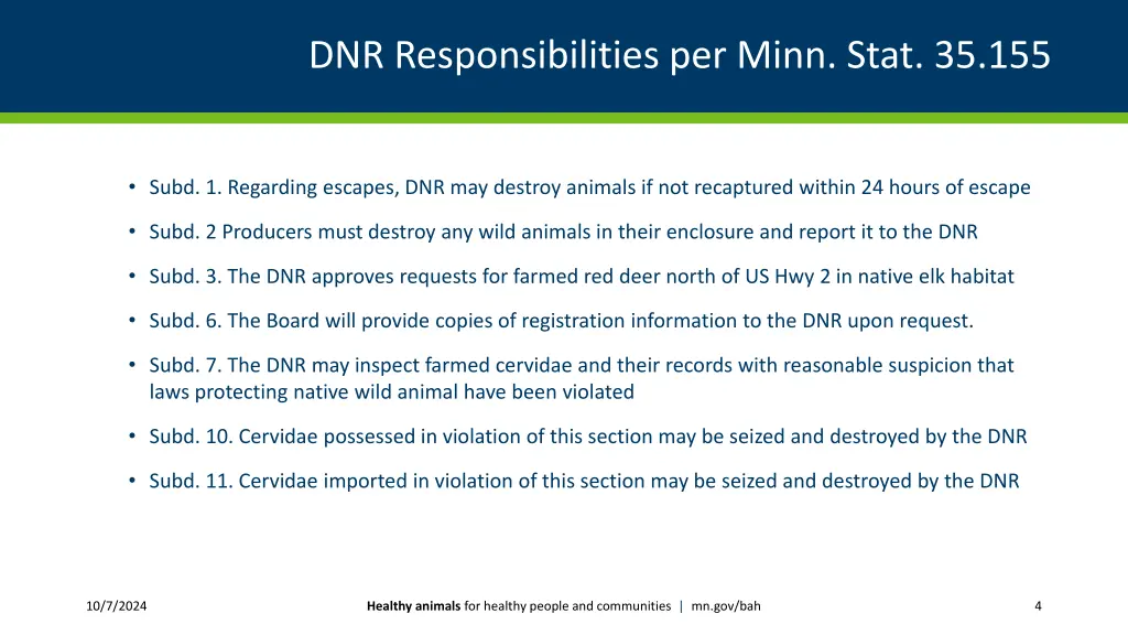 dnr responsibilities per minn stat 35 155