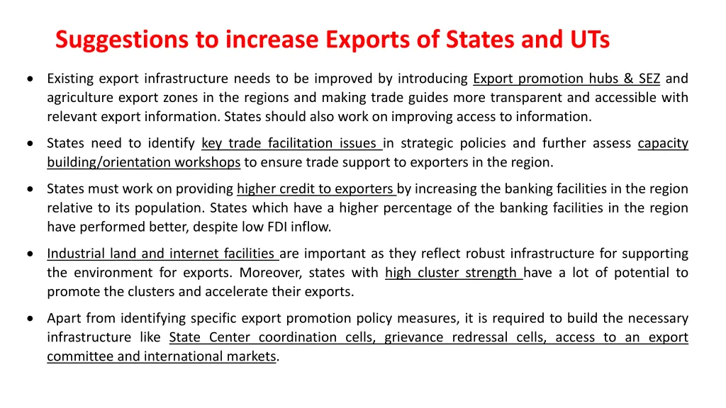 suggestions to increase exports of states and uts