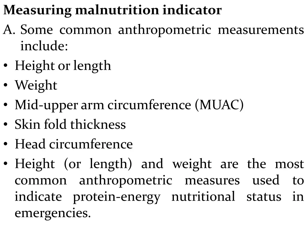 measuring malnutrition indicator a some common