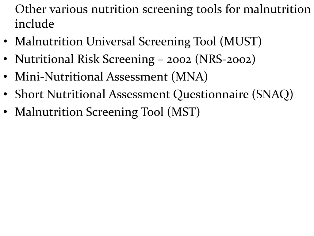 other various nutrition screening tools