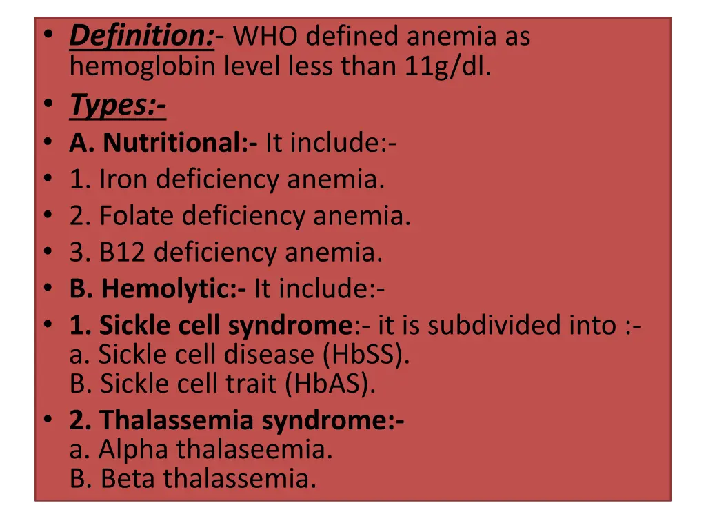 definition who defined anemia as hemoglobin level