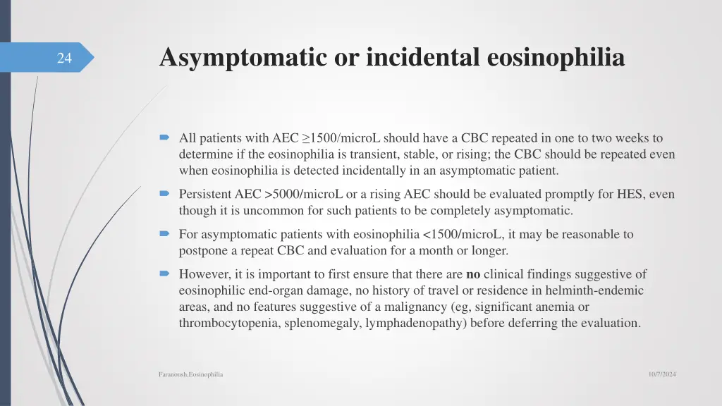 asymptomatic or incidental eosinophilia