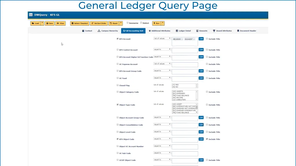 general ledger query page