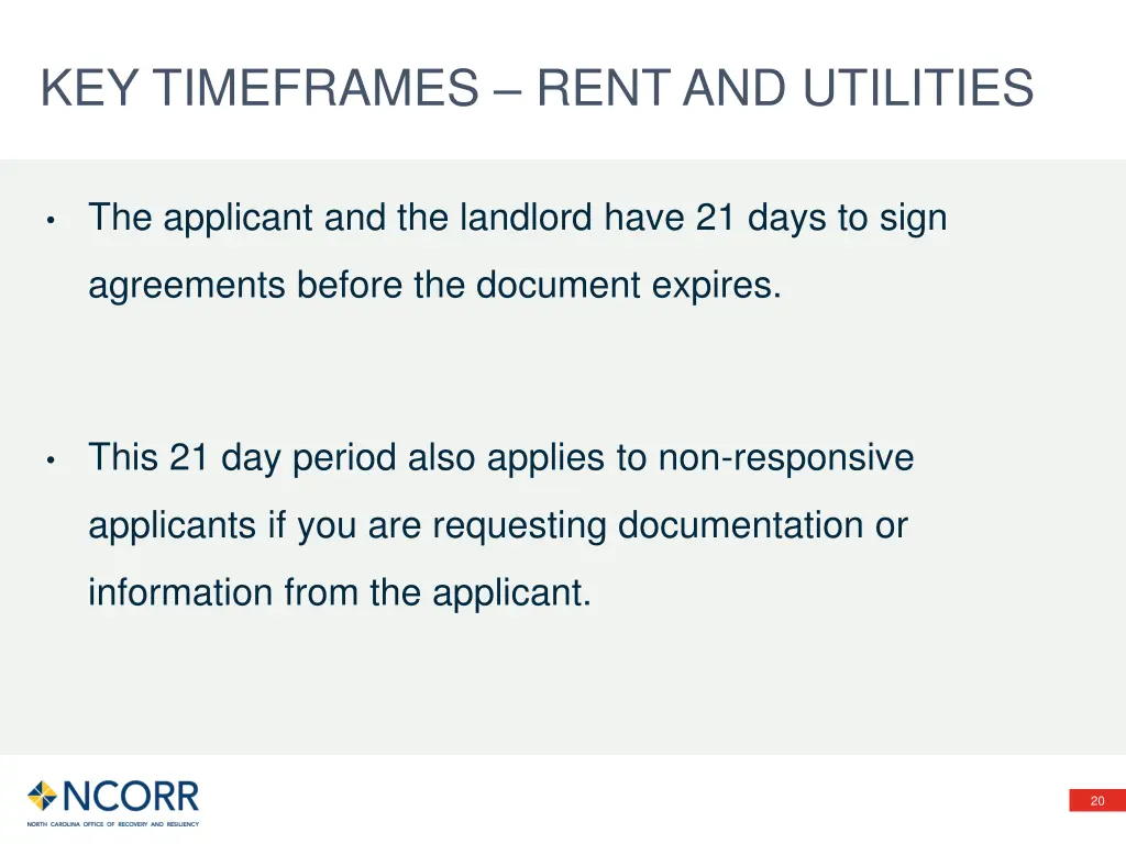 key timeframes rent and utilities