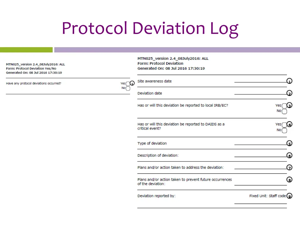 protocol deviation log