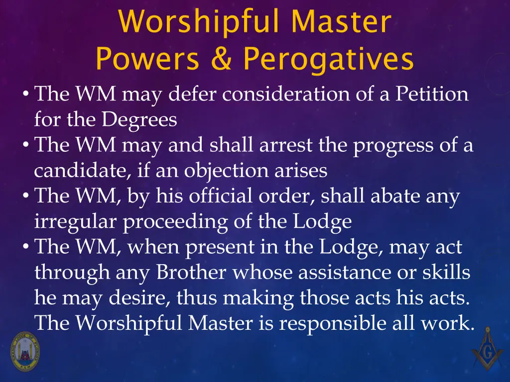 worshipful master powers perogatives 1