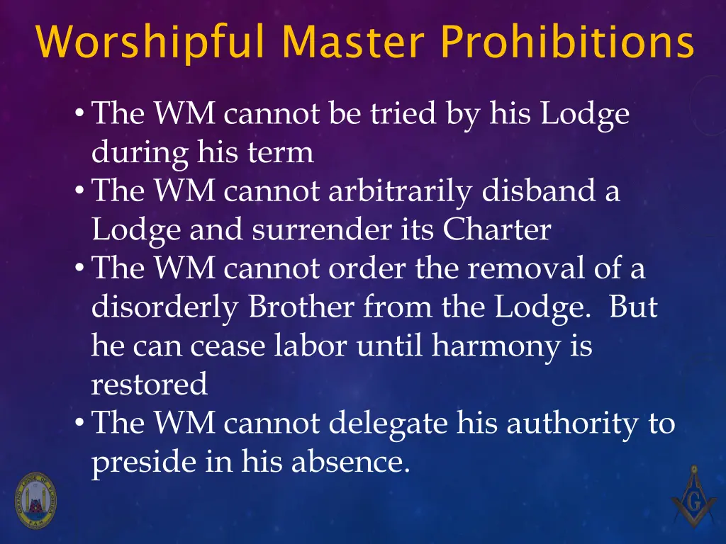 worshipful master prohibitions 2