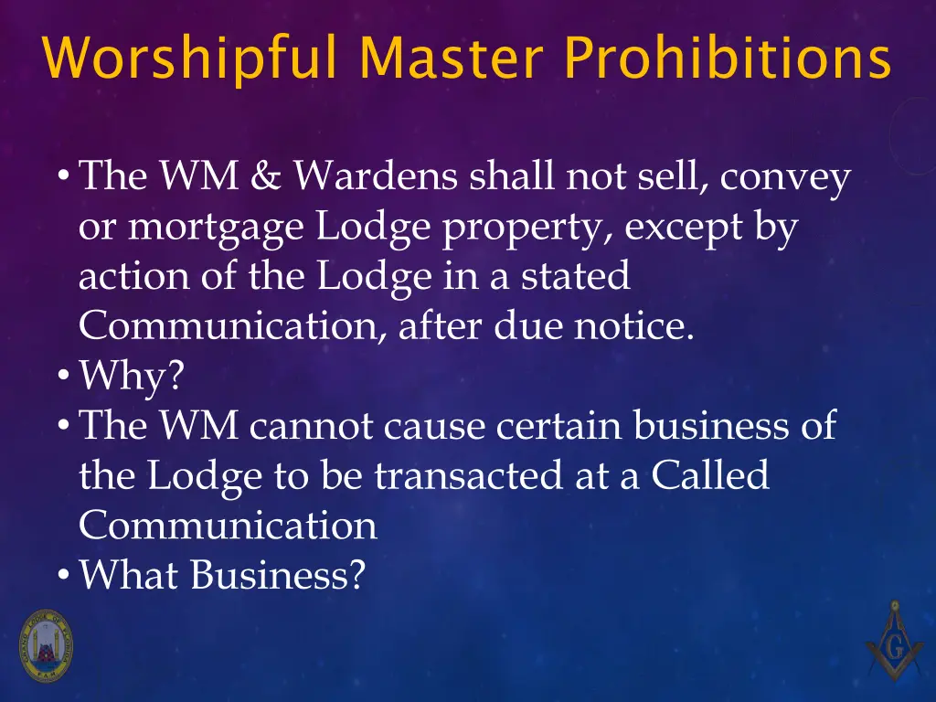 worshipful master prohibitions 3